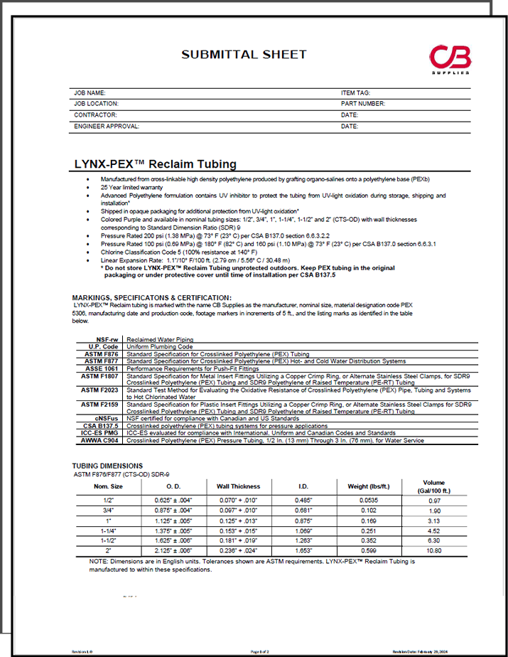 Submittal Sheets Plumbing, HVAC & R, and Hydronic Products